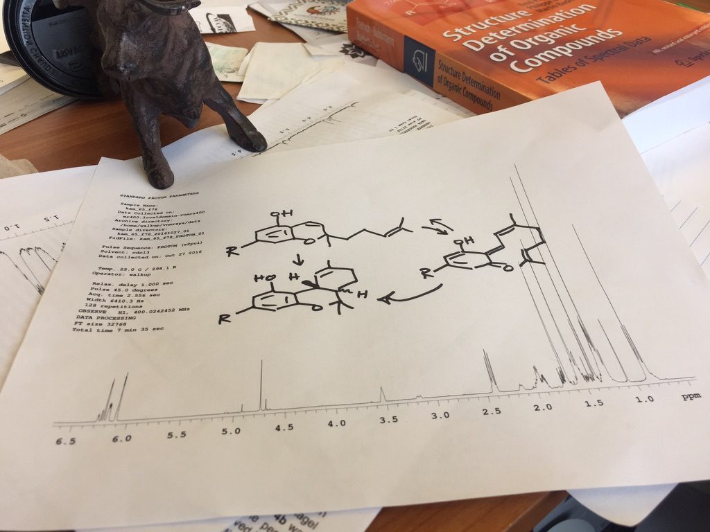 Printed 400 MHz proton NMR spectrum with hand-drawn structures